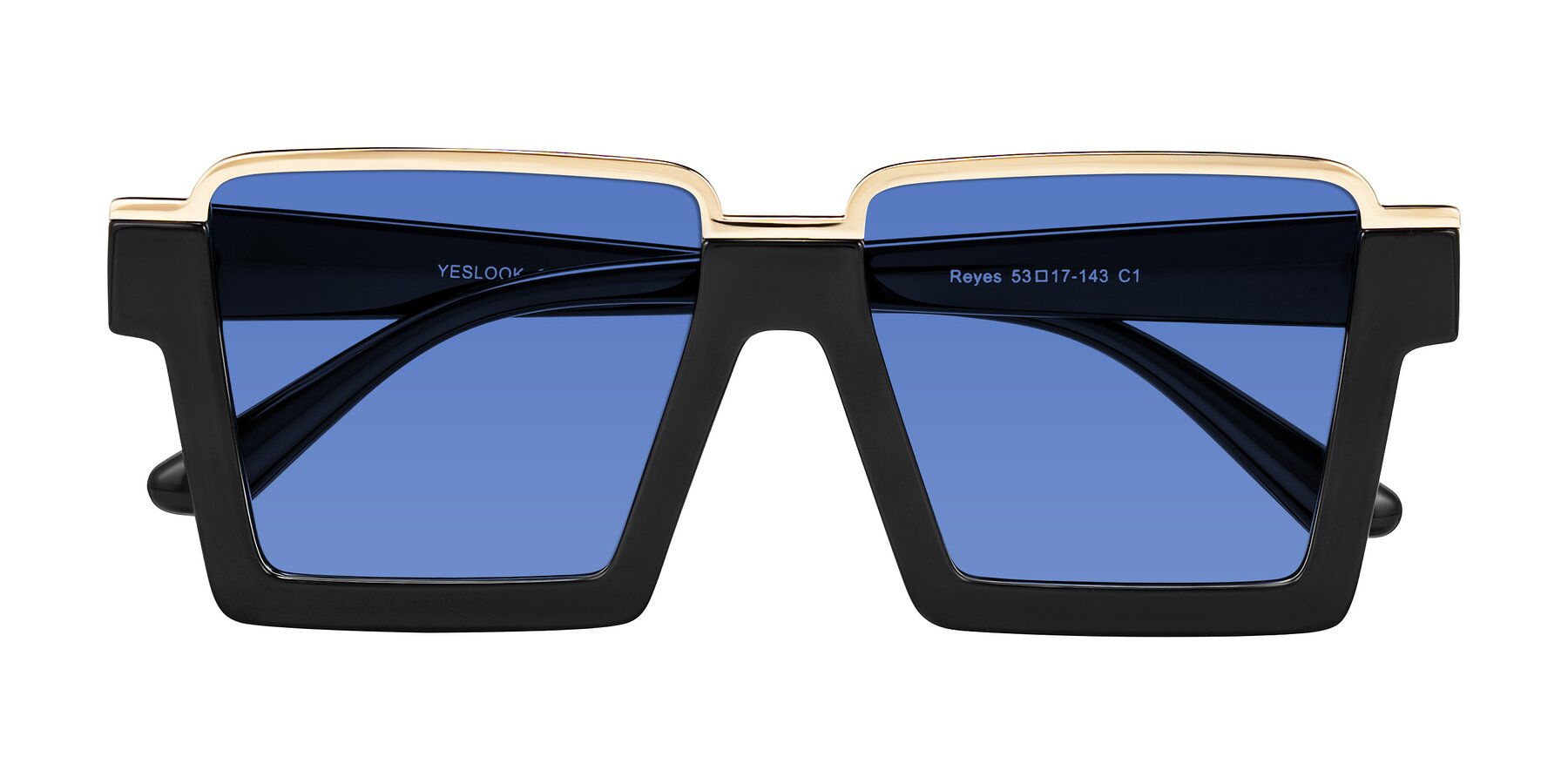 Folded Front of Reyes in Black with Blue Tinted Lenses