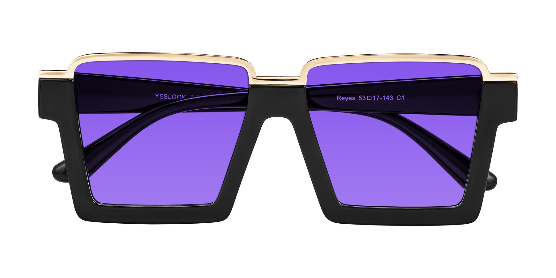 Folded Front of Reyes in Black with Purple Tinted Lenses