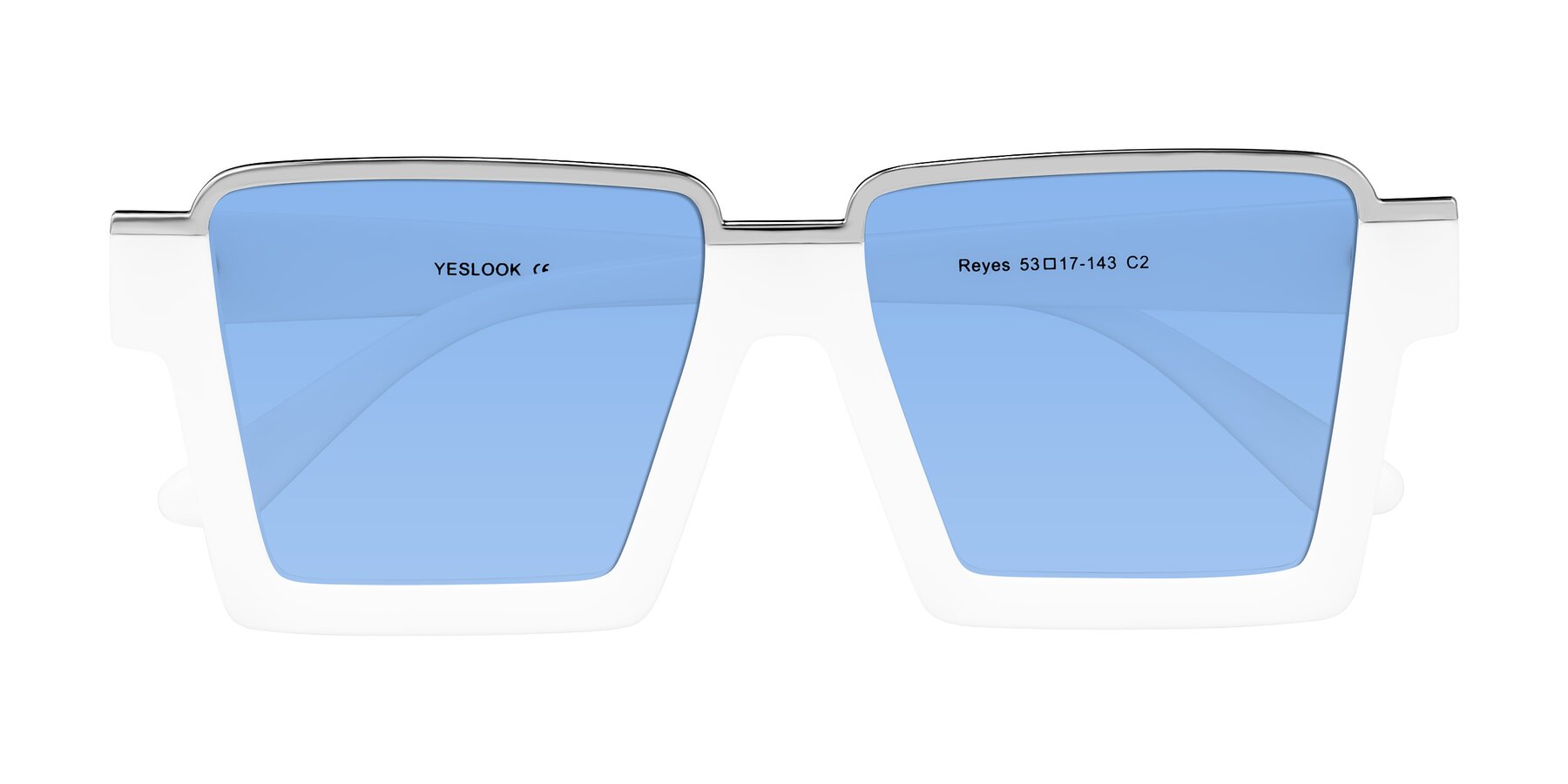 Folded Front of Reyes in White with Medium Blue Tinted Lenses