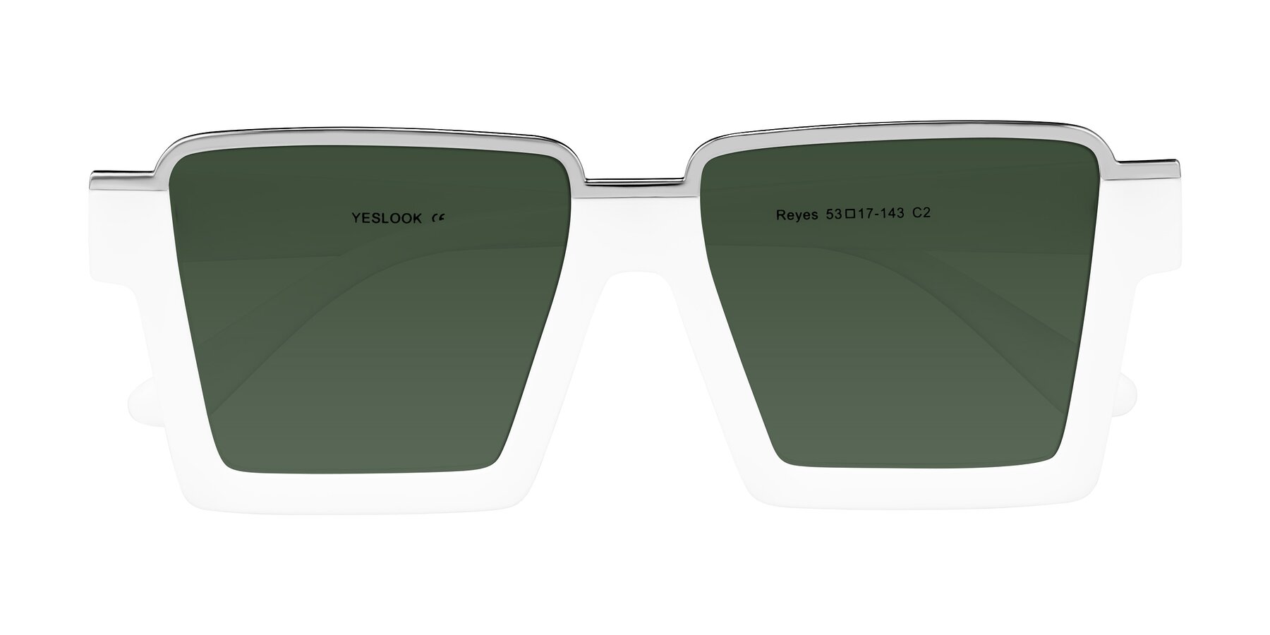 Folded Front of Reyes in White with Green Tinted Lenses