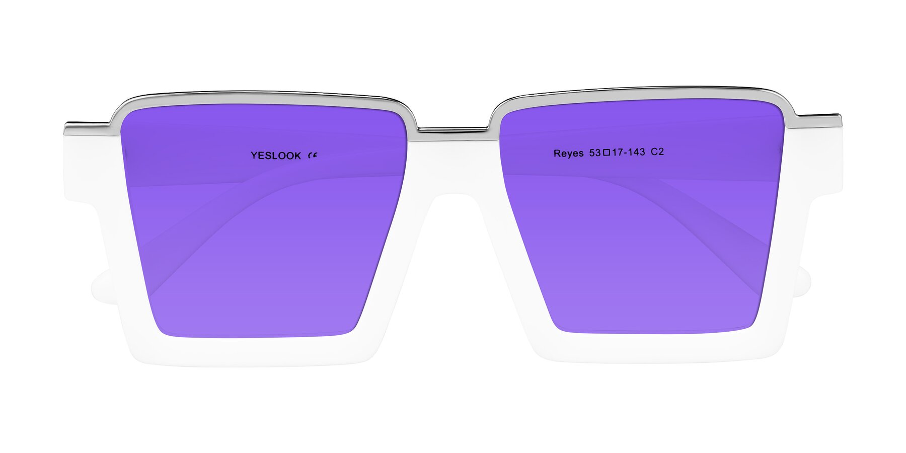 Folded Front of Reyes in White with Purple Tinted Lenses
