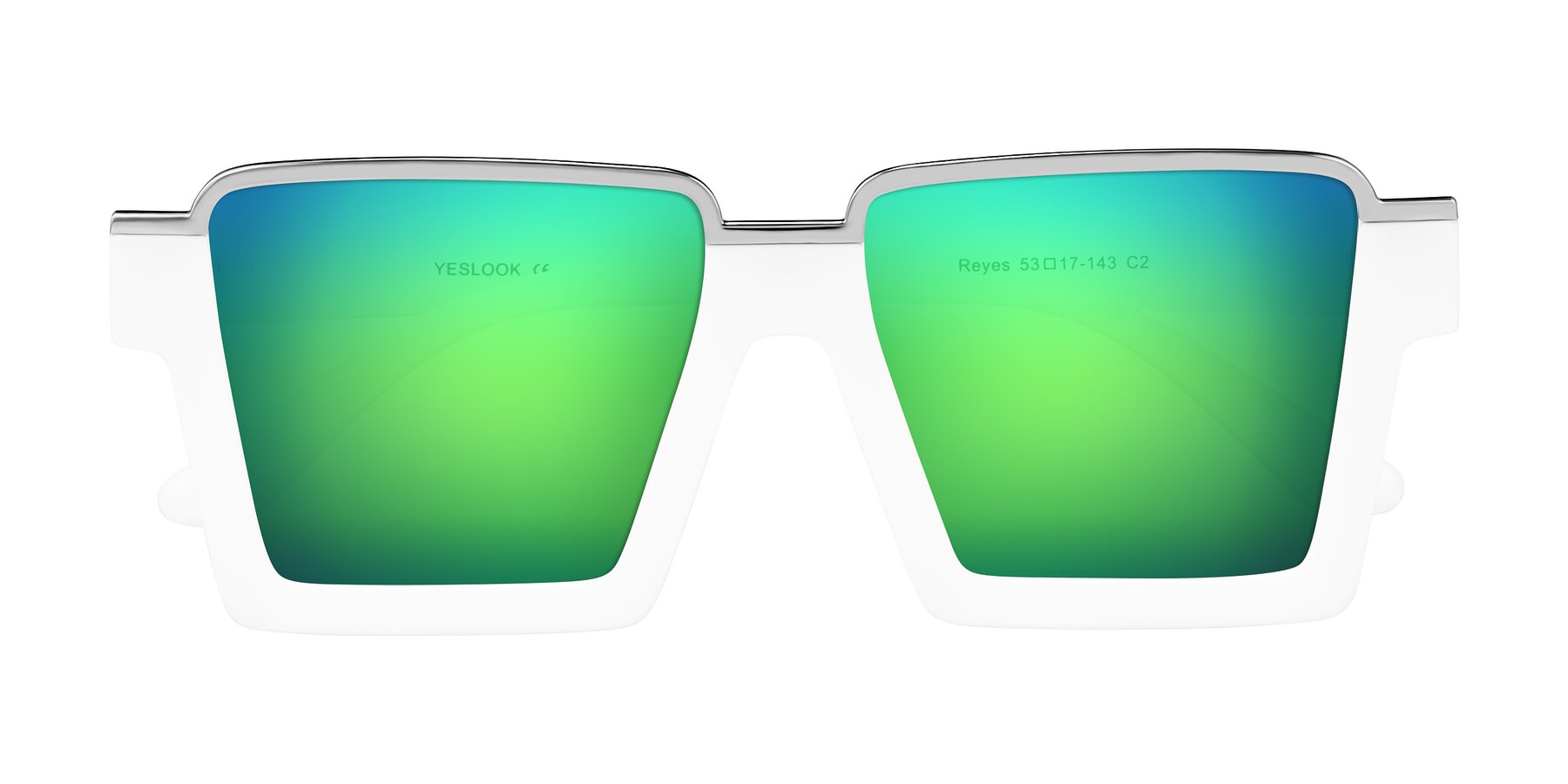 Folded Front of Reyes in White with Green Mirrored Lenses