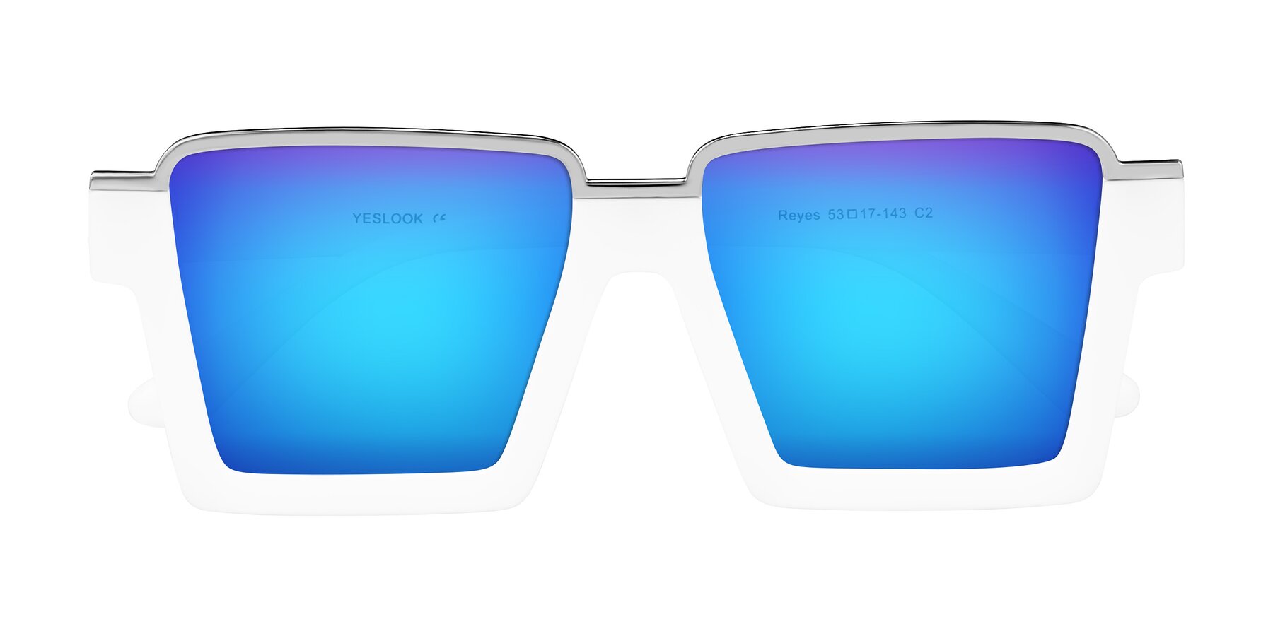 Folded Front of Reyes in White with Blue Mirrored Lenses