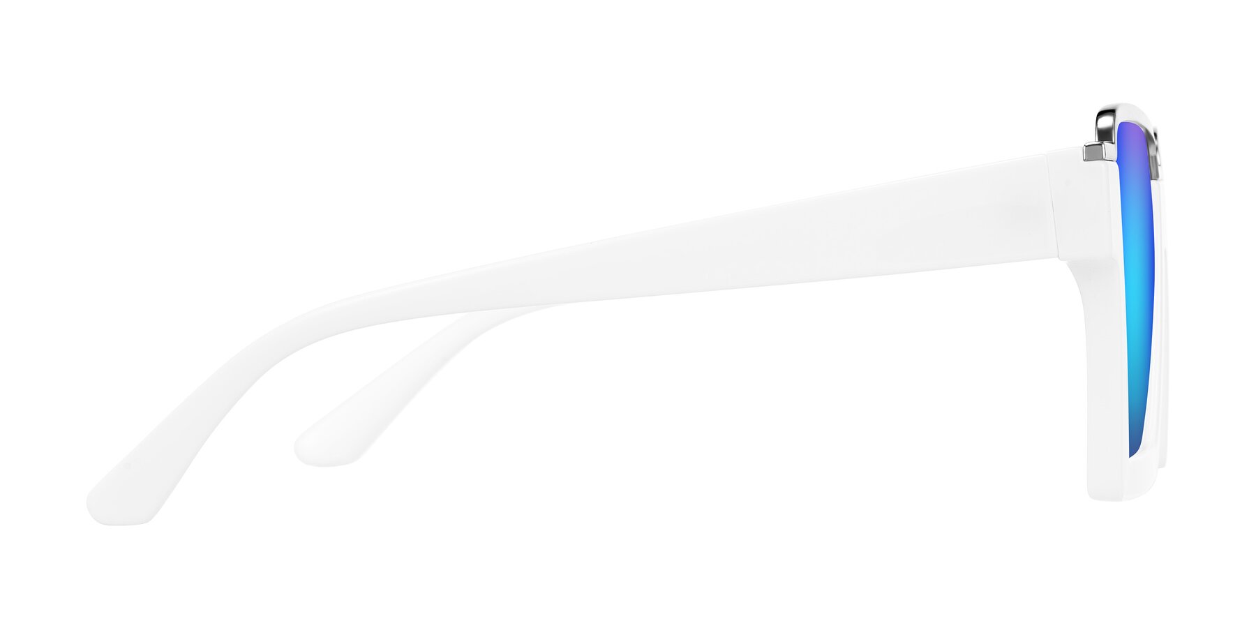 Side of Reyes in White with Blue Mirrored Lenses