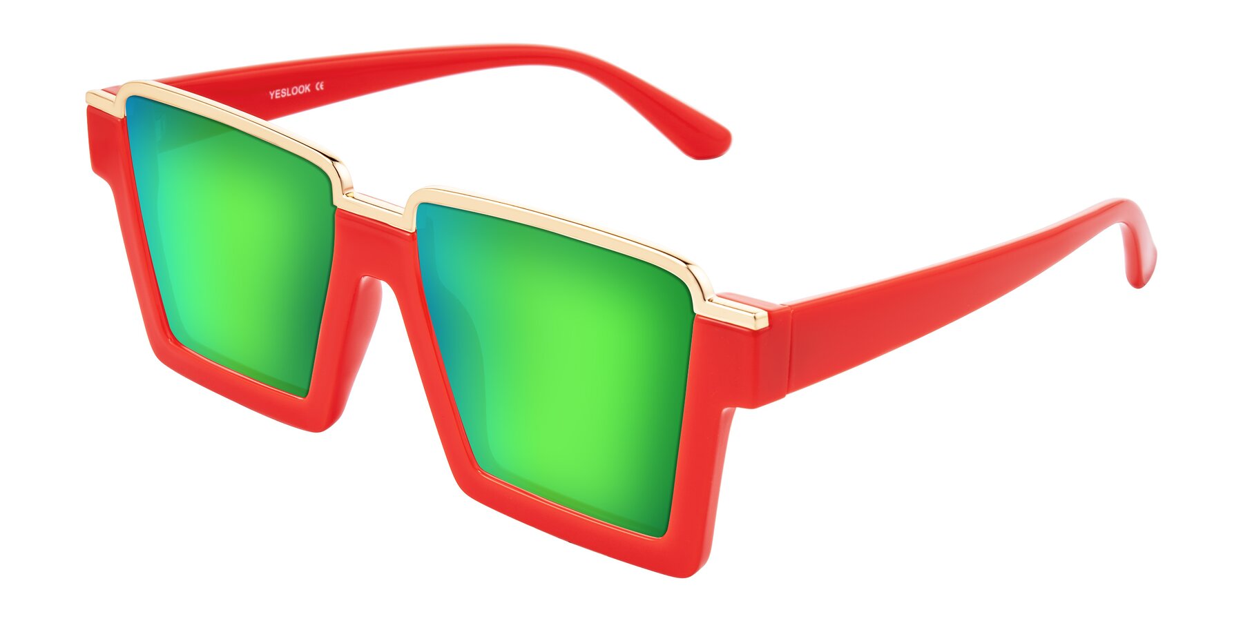 Angle of Reyes in Red with Green Mirrored Lenses