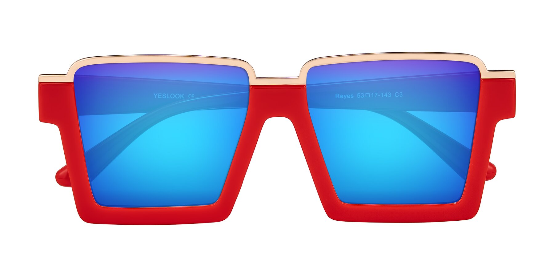 Folded Front of Reyes in Red with Blue Mirrored Lenses
