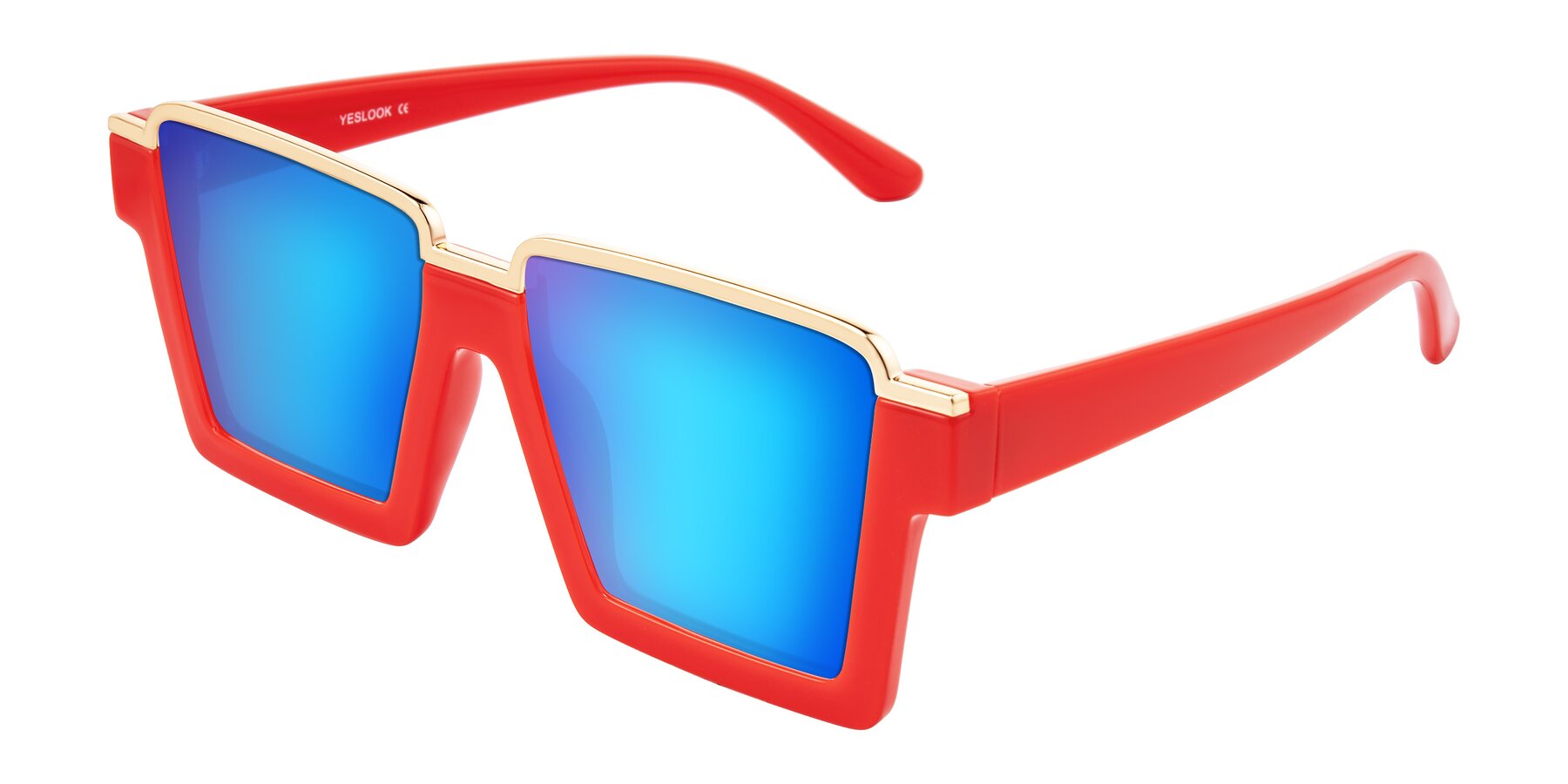 Angle of Reyes in Red with Blue Mirrored Lenses