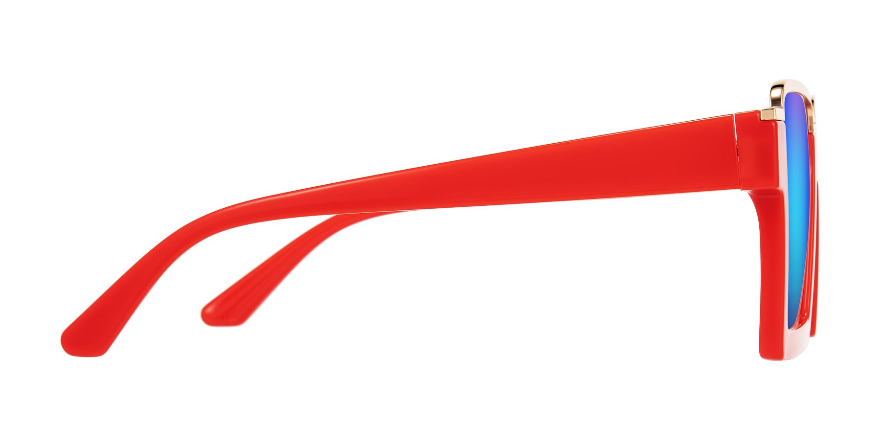 Side of Reyes in Red with Blue Mirrored Lenses