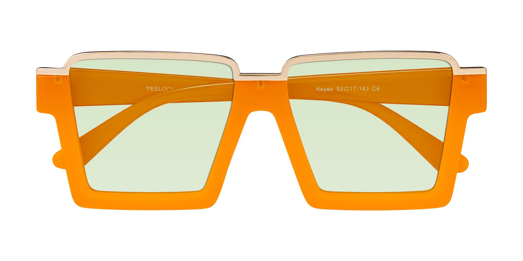 Folded Front of Reyes in Orange with Light Green Tinted Lenses