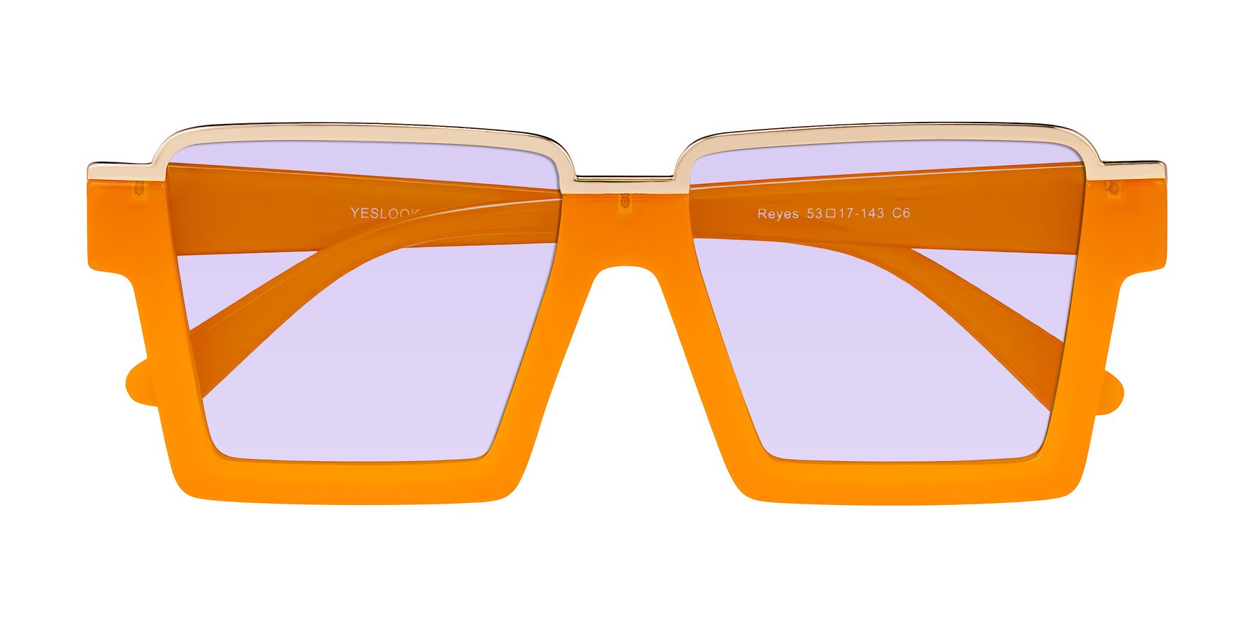Folded Front of Reyes in Orange with Light Purple Tinted Lenses
