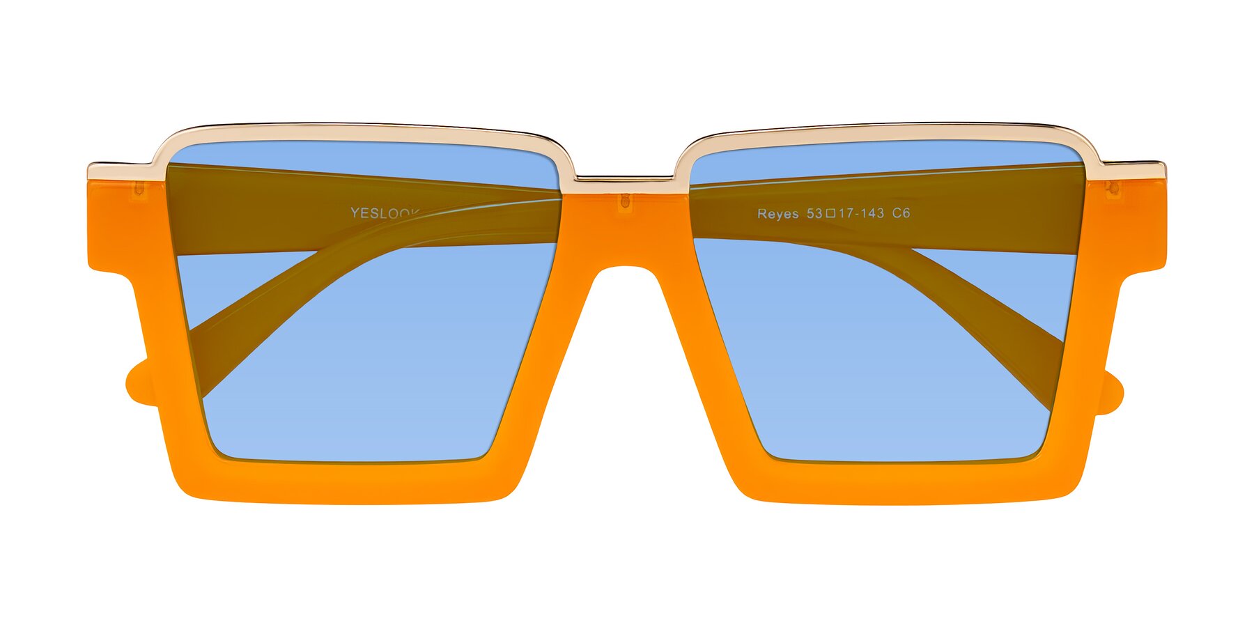 Folded Front of Reyes in Orange with Medium Blue Tinted Lenses