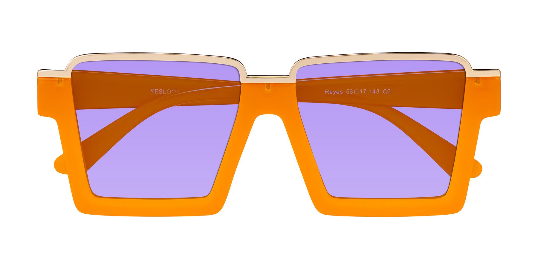 Folded Front of Reyes in Orange with Medium Purple Tinted Lenses