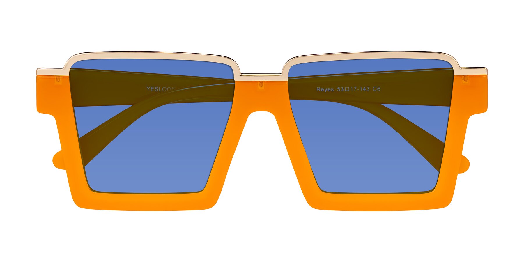 Folded Front of Reyes in Orange with Blue Tinted Lenses