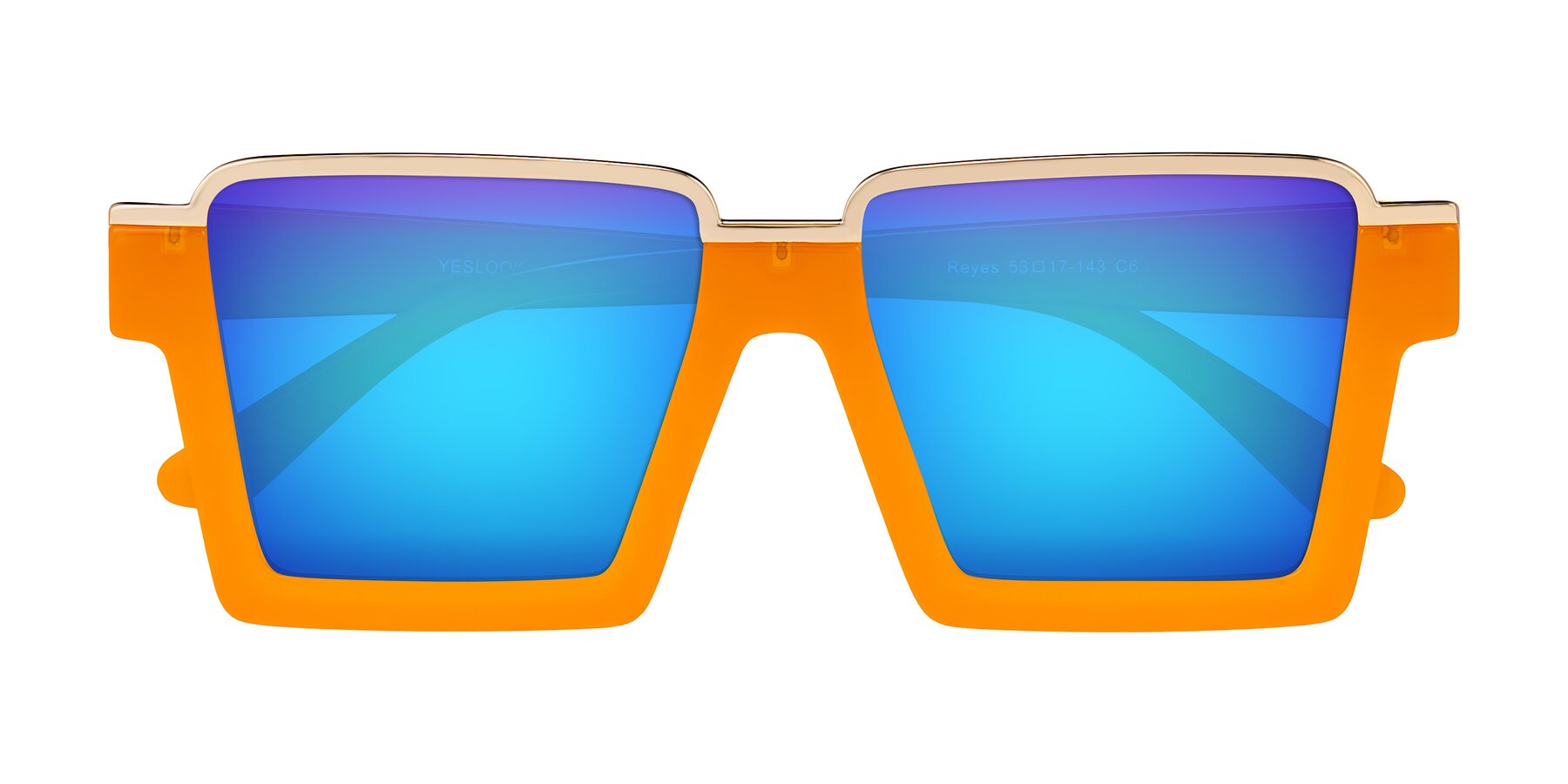 Folded Front of Reyes in Orange with Blue Mirrored Lenses
