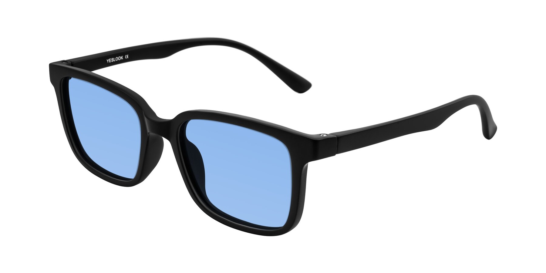 Angle of Joynton in Matte Black with Medium Blue Tinted Lenses