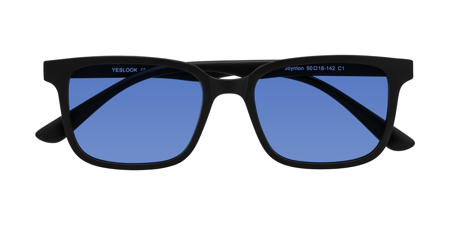 Folded Front of Joynton in Matte Black with Blue Tinted Lenses