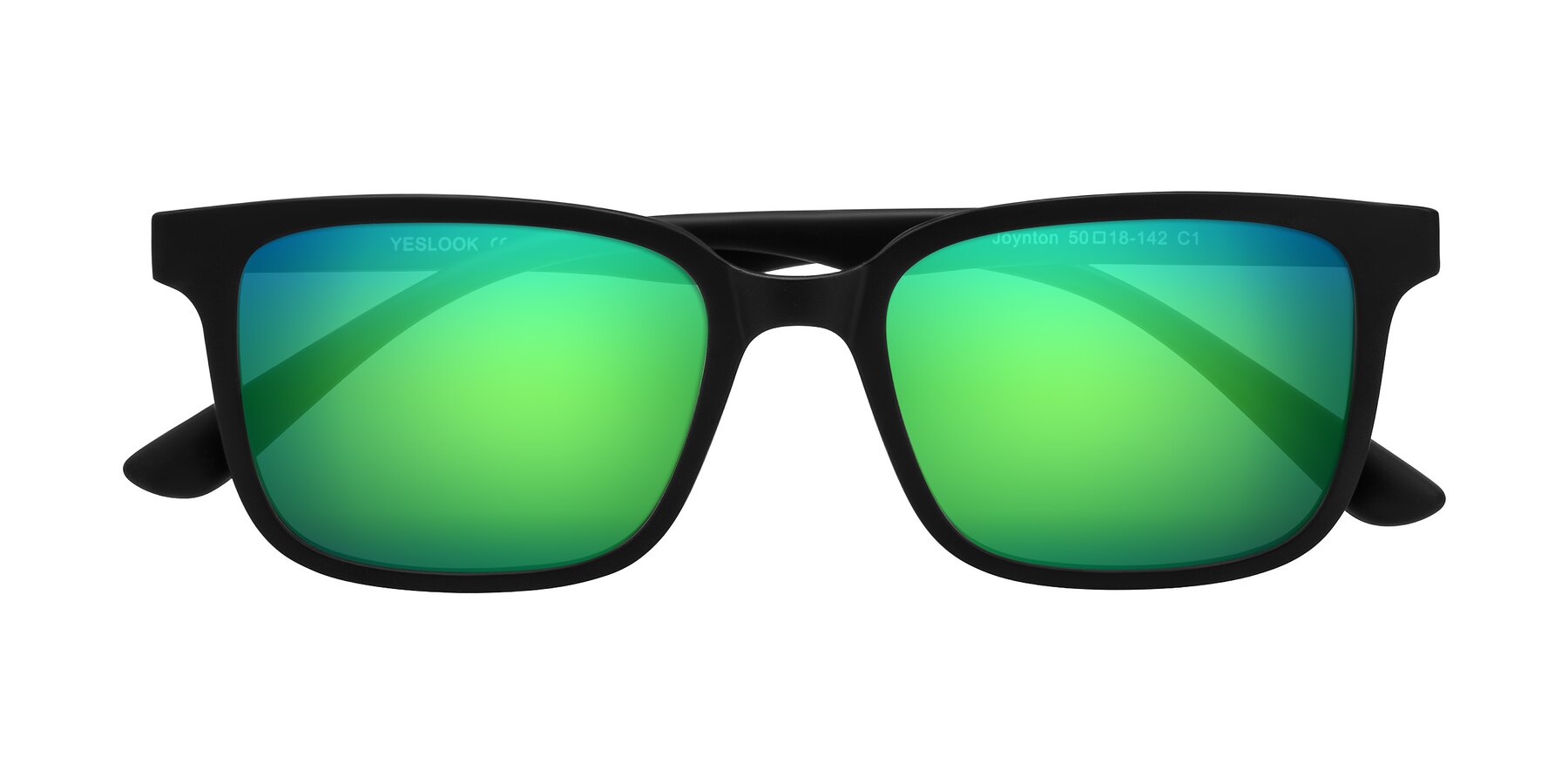 Folded Front of Joynton in Matte Black with Green Mirrored Lenses