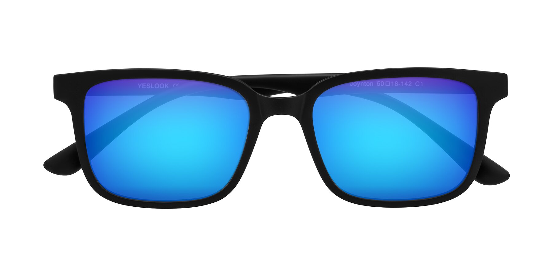 Folded Front of Joynton in Matte Black with Blue Mirrored Lenses