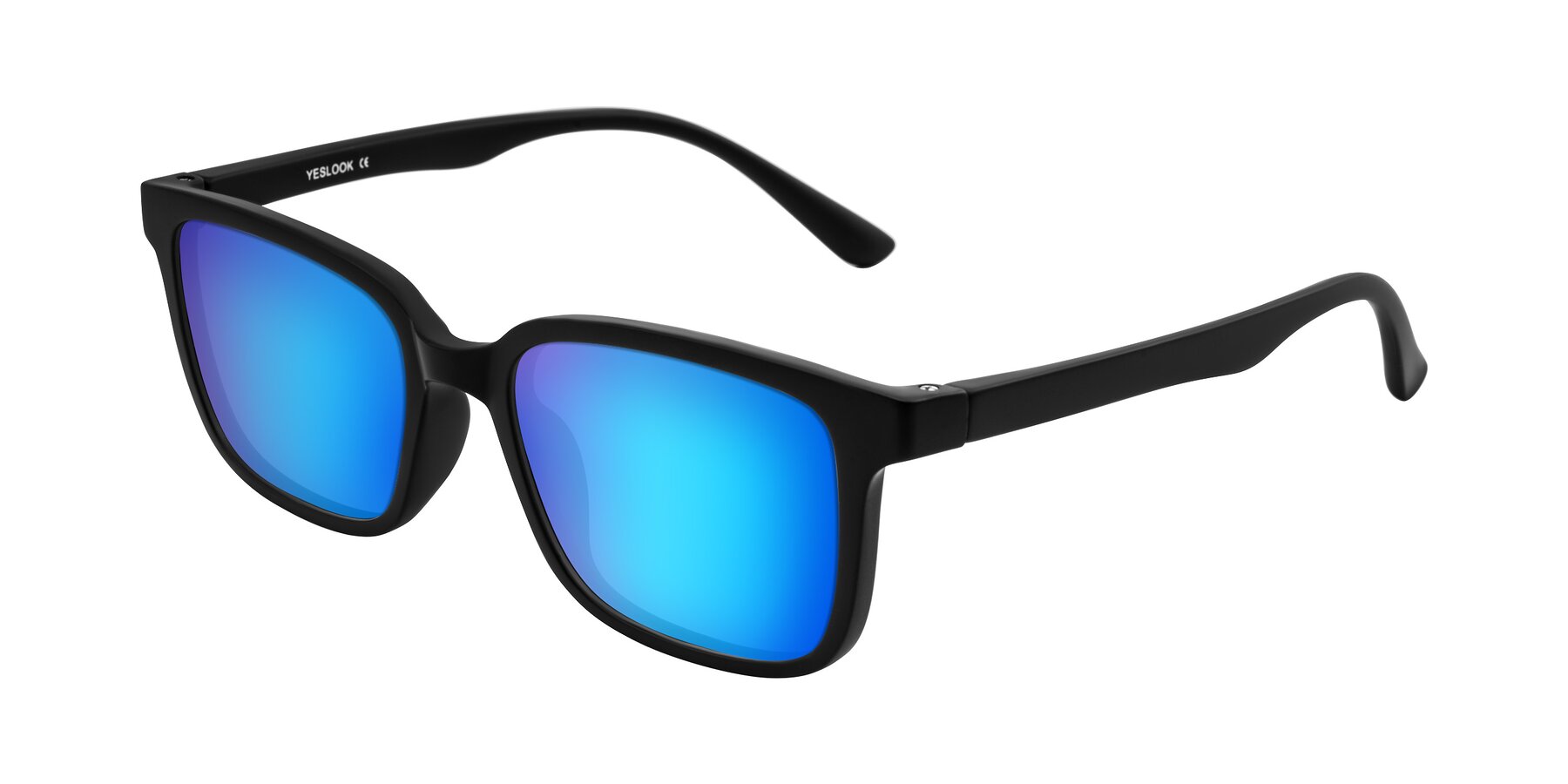 Angle of Joynton in Matte Black with Blue Mirrored Lenses