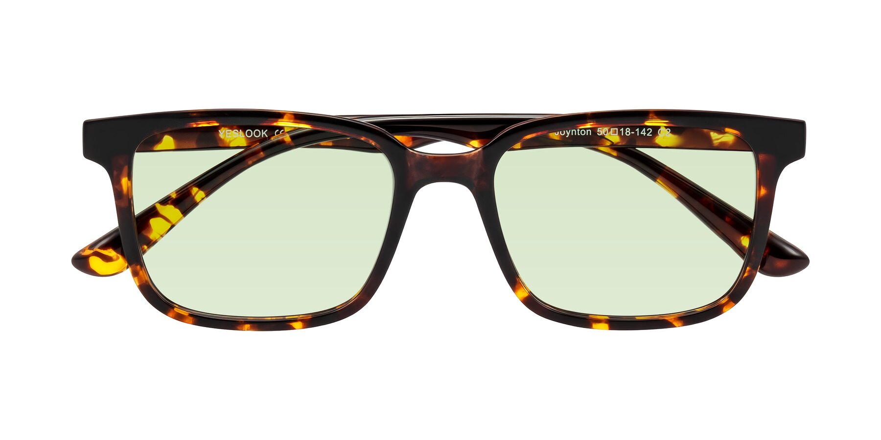 Folded Front of Joynton in Tortoise with Light Green Tinted Lenses