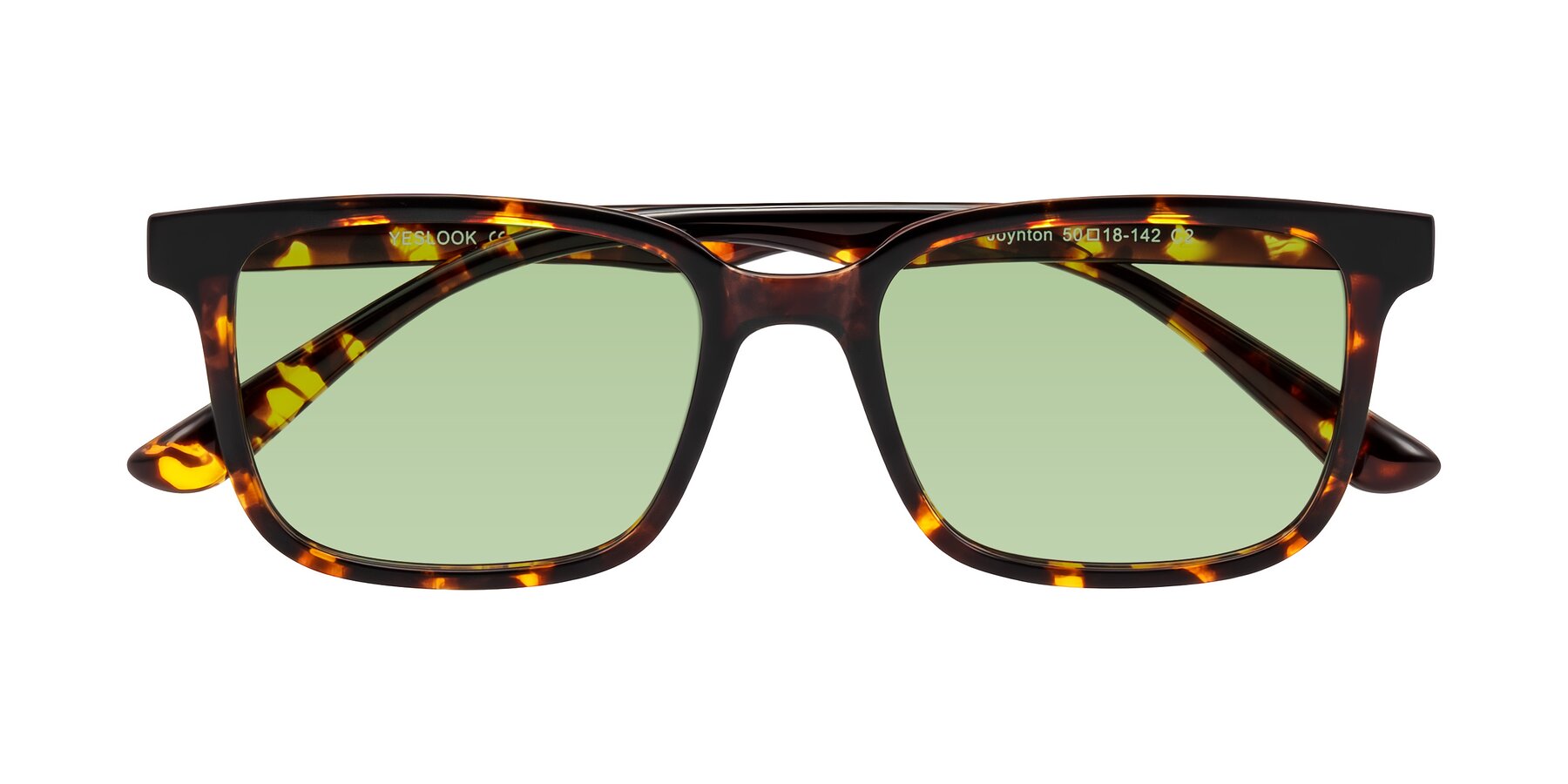 Folded Front of Joynton in Tortoise with Medium Green Tinted Lenses