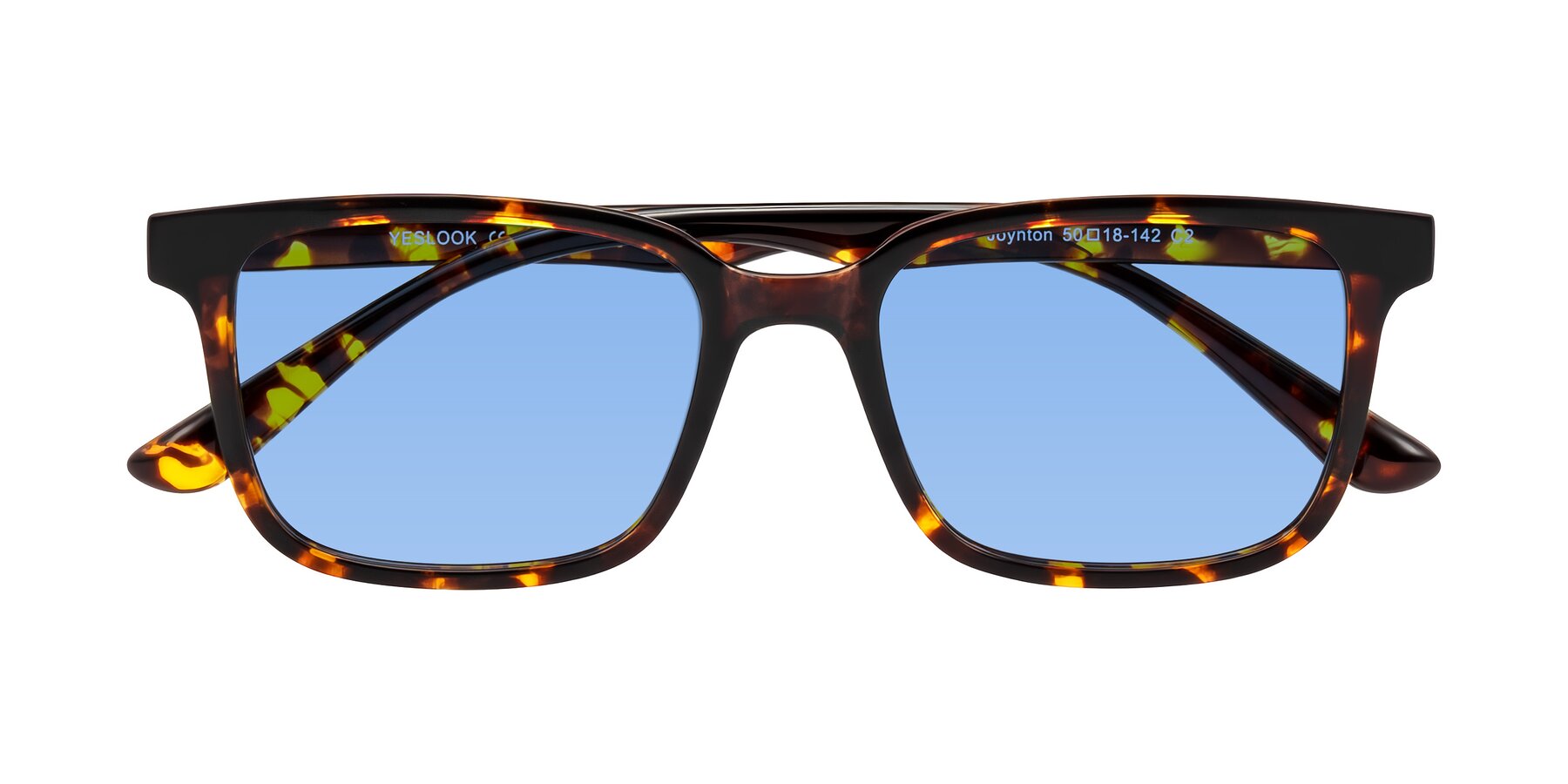 Folded Front of Joynton in Tortoise with Medium Blue Tinted Lenses