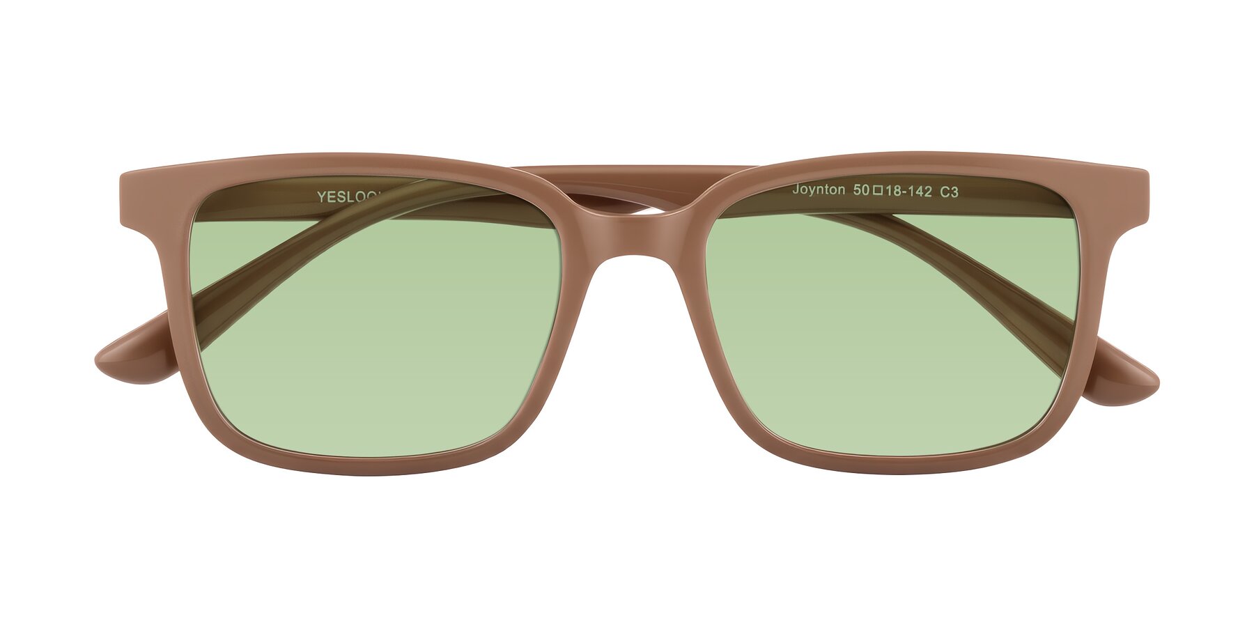Folded Front of Joynton in Milk Chocolate with Medium Green Tinted Lenses
