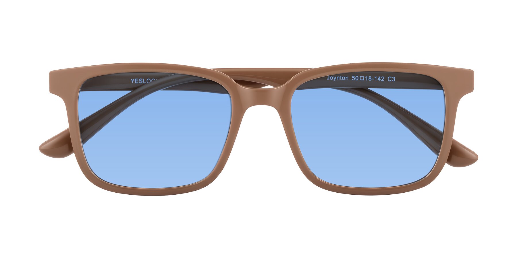 Folded Front of Joynton in Milk Chocolate with Medium Blue Tinted Lenses