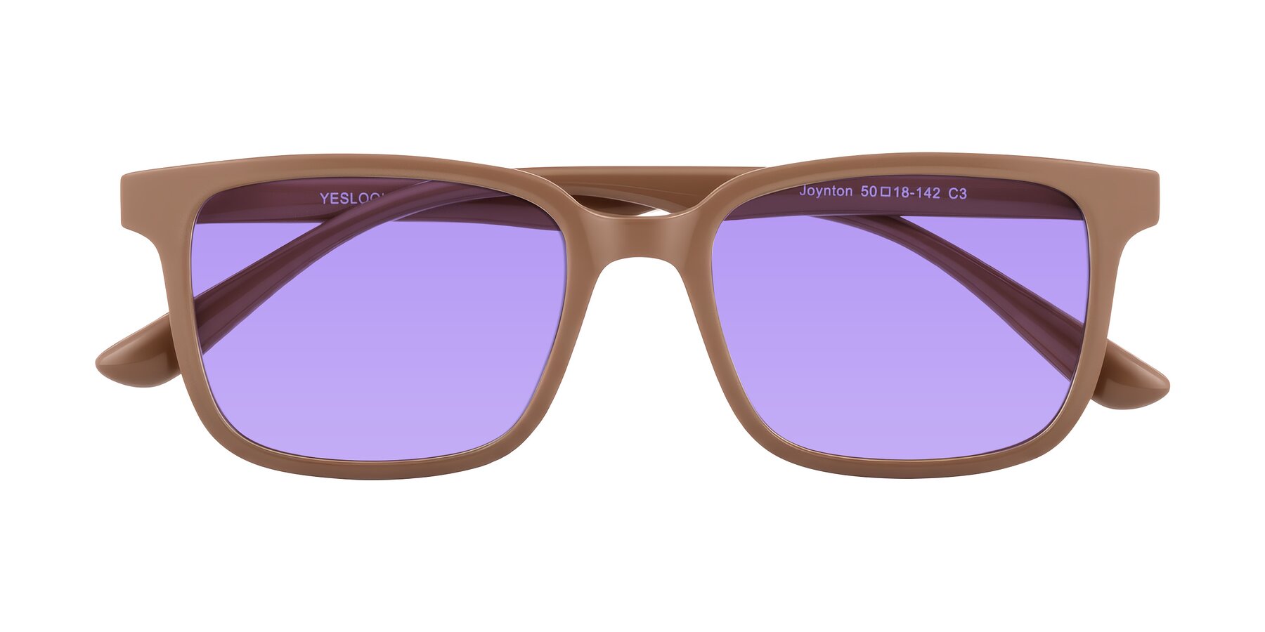 Folded Front of Joynton in Milk Chocolate with Medium Purple Tinted Lenses