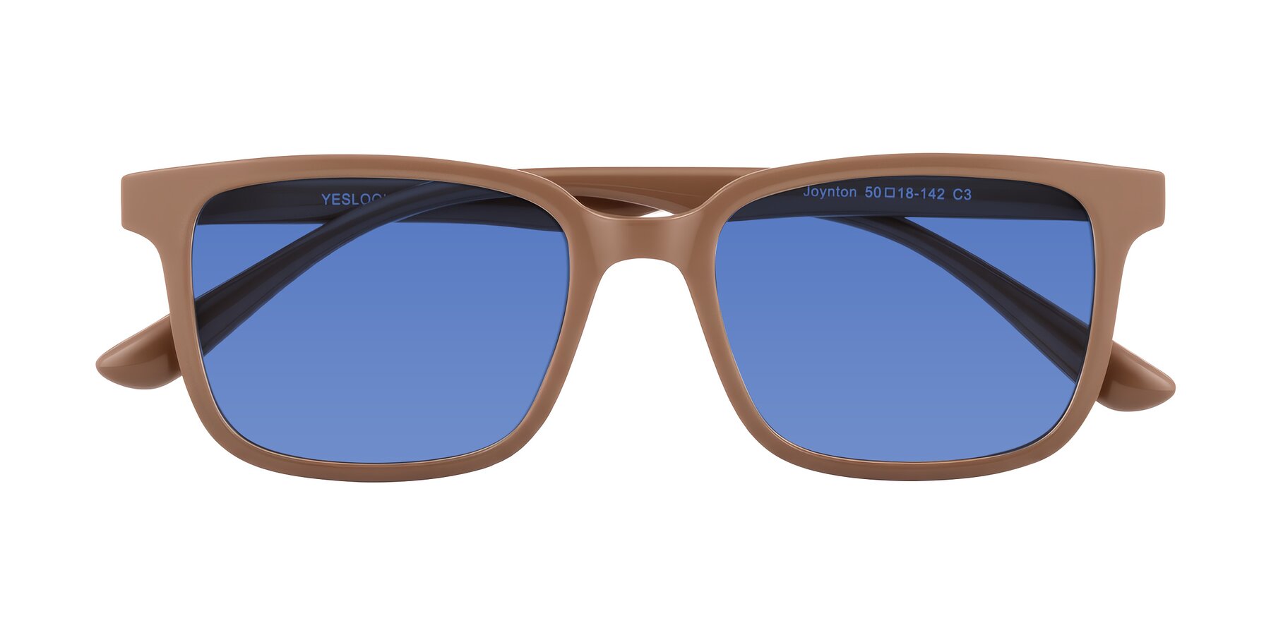 Folded Front of Joynton in Milk Chocolate with Blue Tinted Lenses