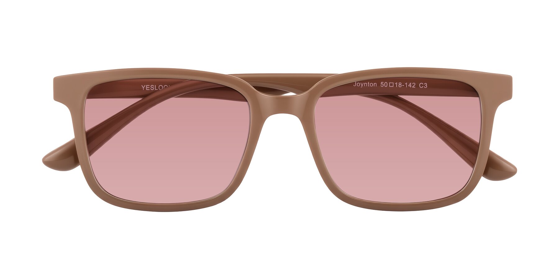 Folded Front of Joynton in Milk Chocolate with Medium Garnet Tinted Lenses