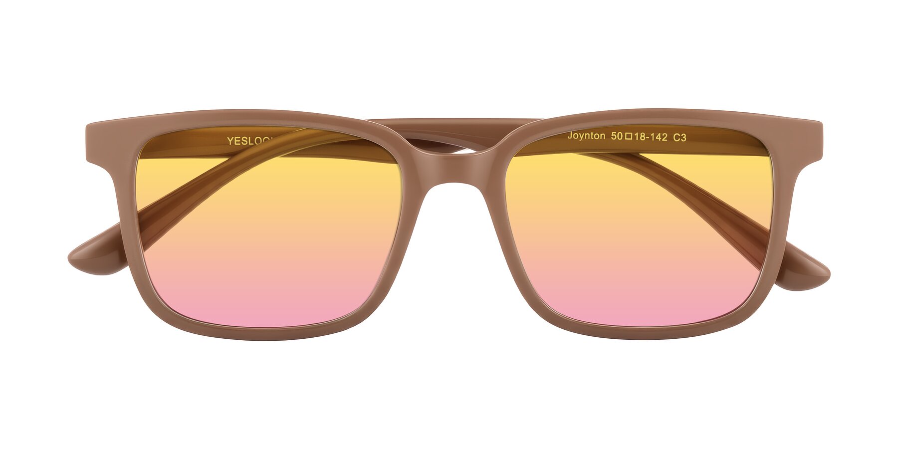Folded Front of Joynton in Milk Chocolate with Yellow / Pink Gradient Lenses
