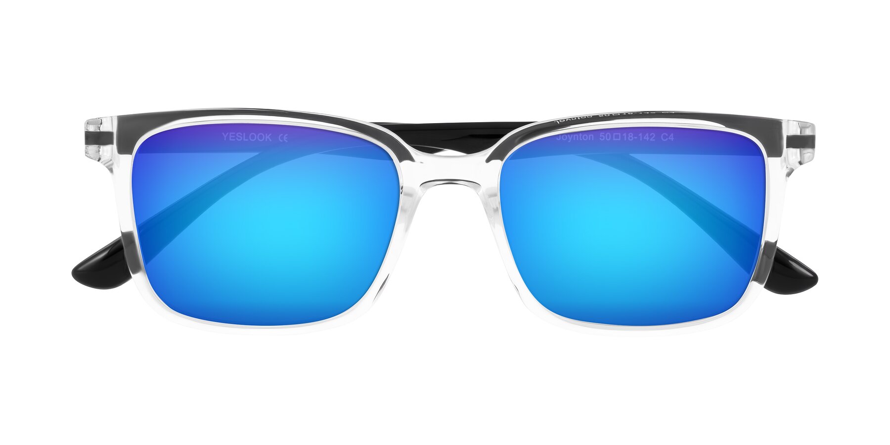 Folded Front of Joynton in Clear/Black with Blue Mirrored Lenses