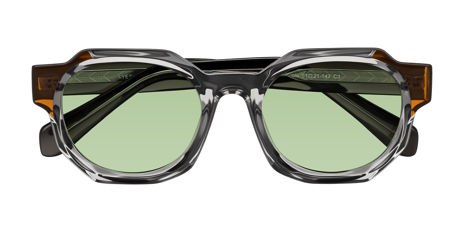 Folded Front of Poole in Transparent Gray with Medium Green Tinted Lenses