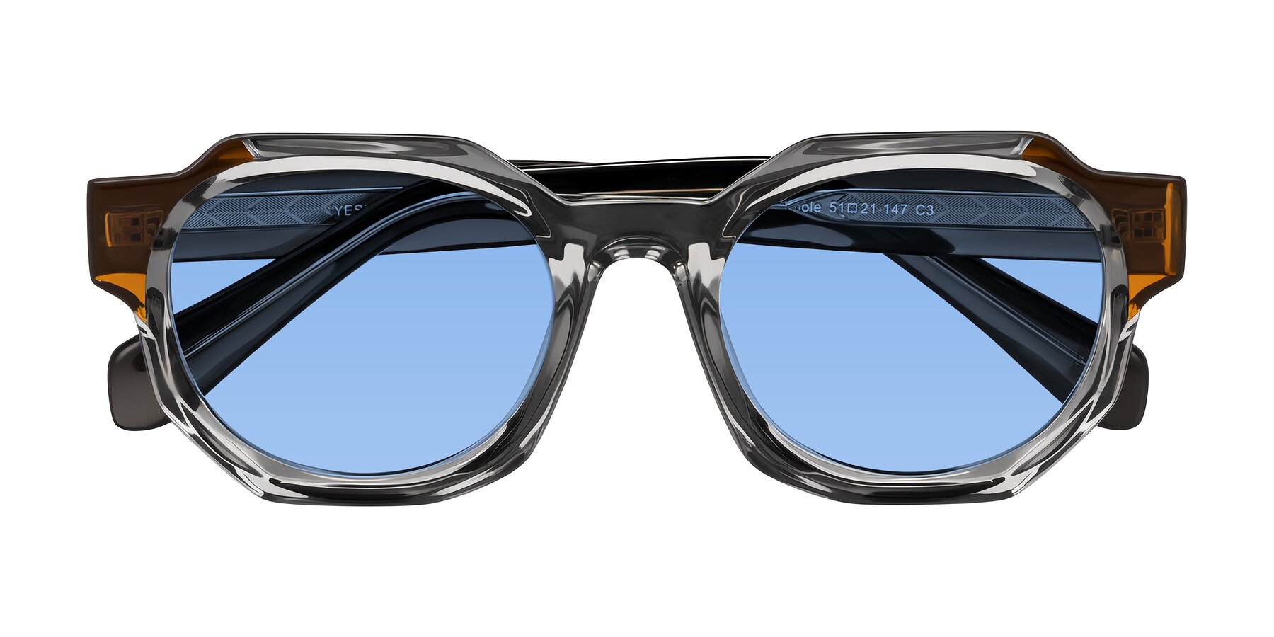 Folded Front of Poole in Transparent Gray with Medium Blue Tinted Lenses