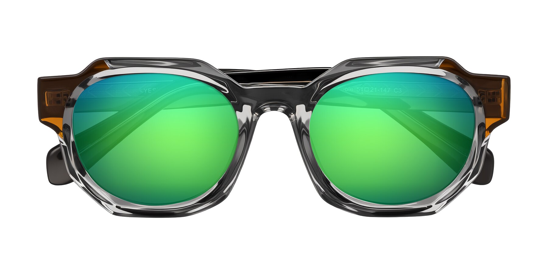 Folded Front of Poole in Transparent Gray with Green Mirrored Lenses
