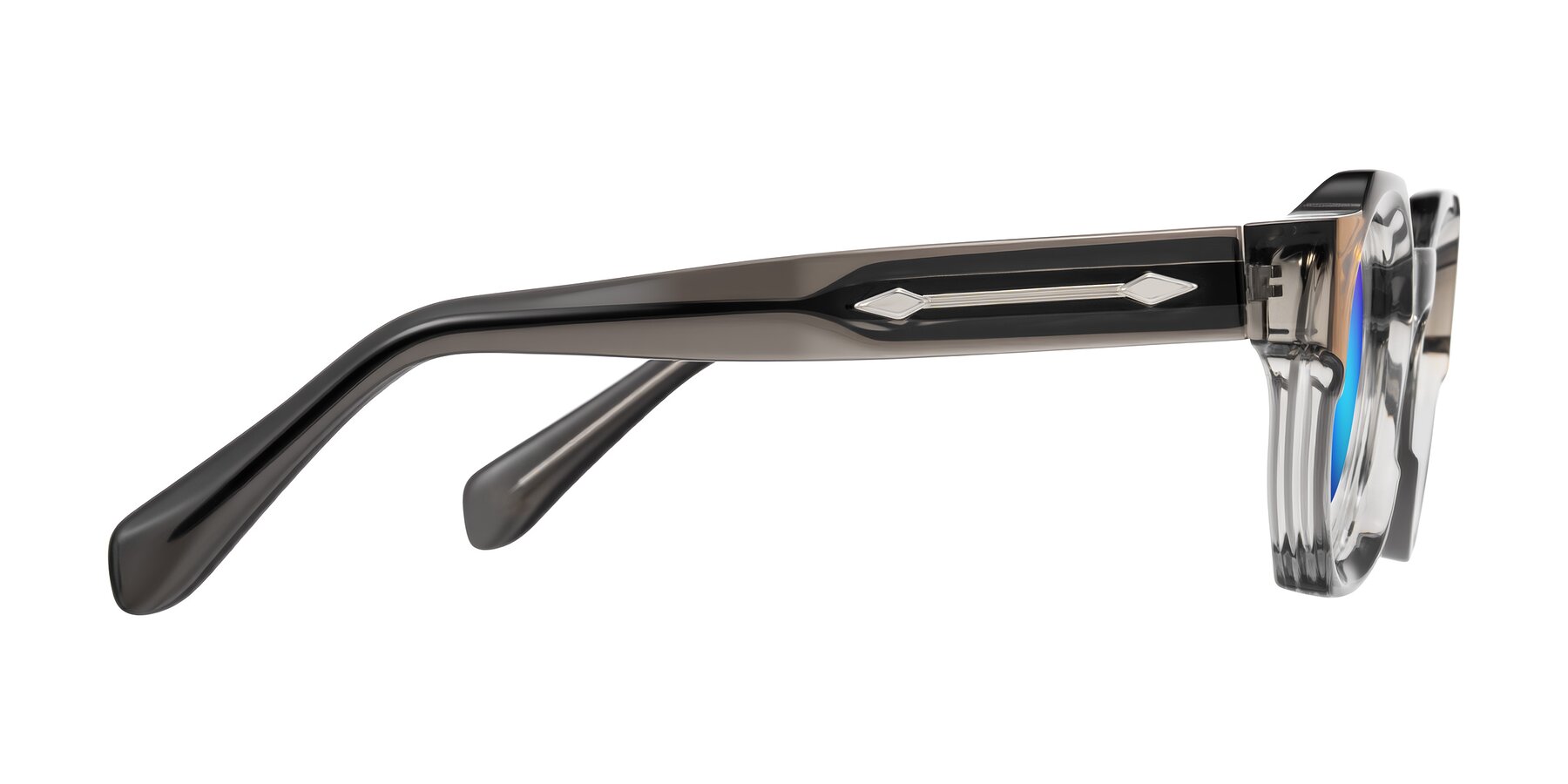 Side of Poole in Transparent Gray with Blue Mirrored Lenses