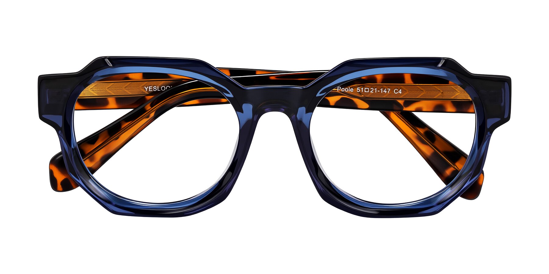 Folded Front of Poole in Blue/Leopard-Print with Clear Eyeglass Lenses