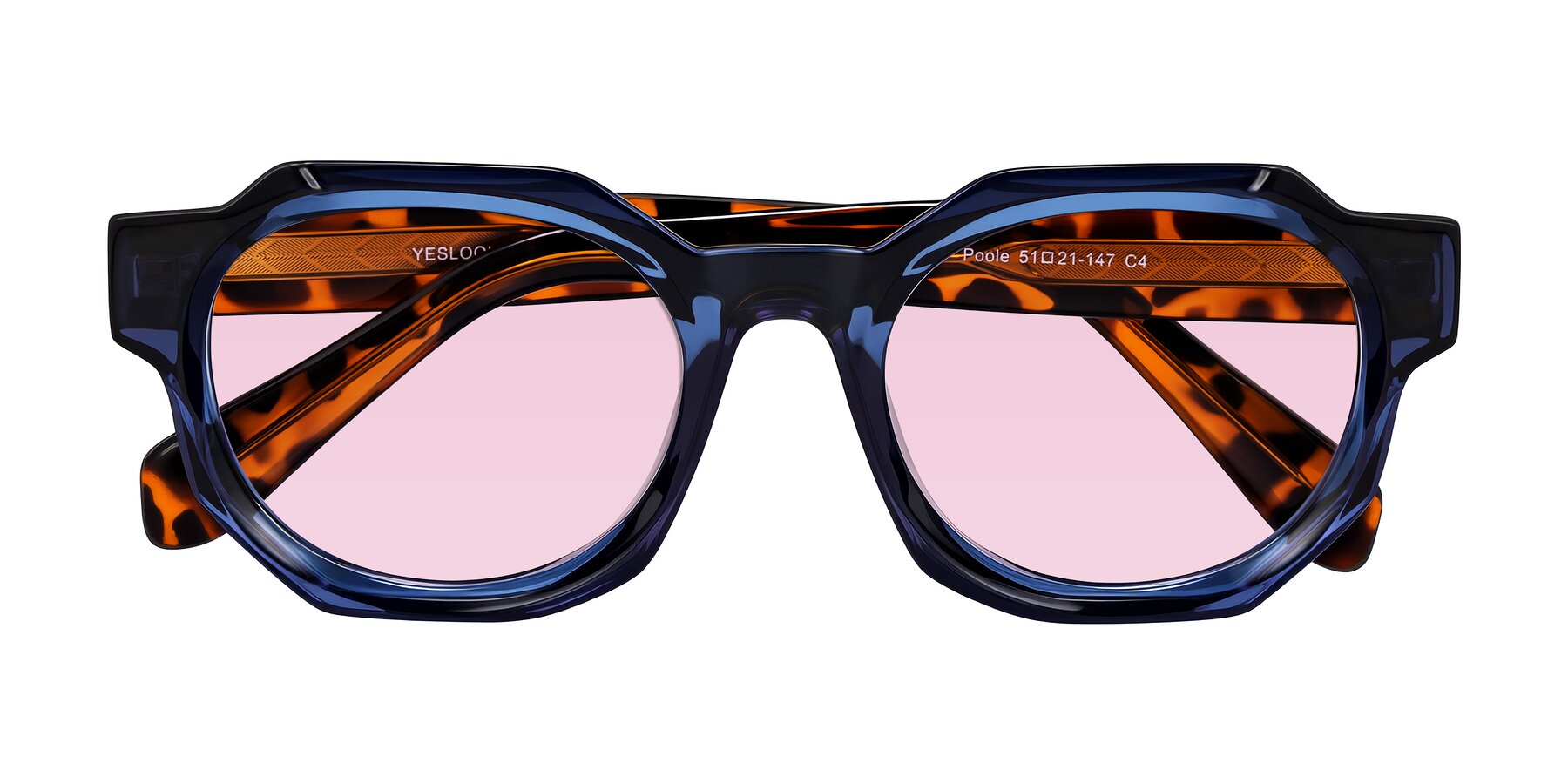 Folded Front of Poole in Blue/Leopard-Print with Light Pink Tinted Lenses