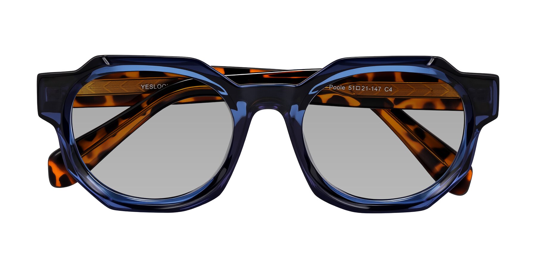 Folded Front of Poole in Blue/Leopard-Print with Light Gray Tinted Lenses