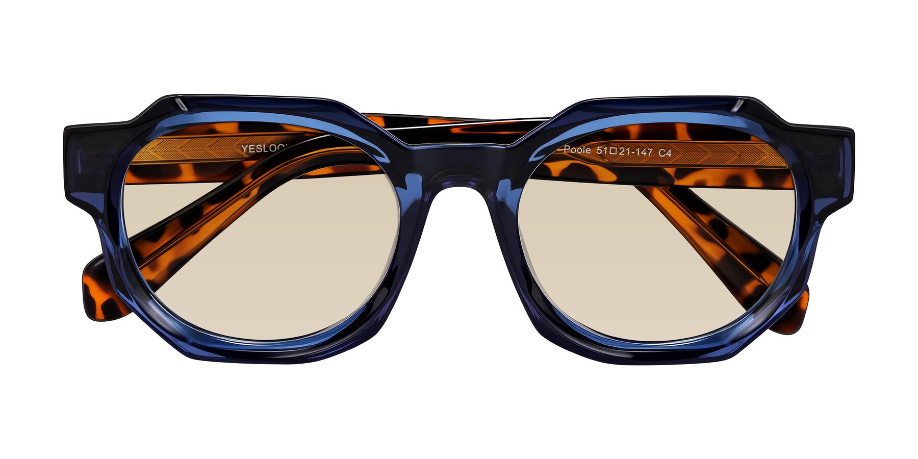 Folded Front of Poole in Blue/Leopard-Print with Light Brown Tinted Lenses