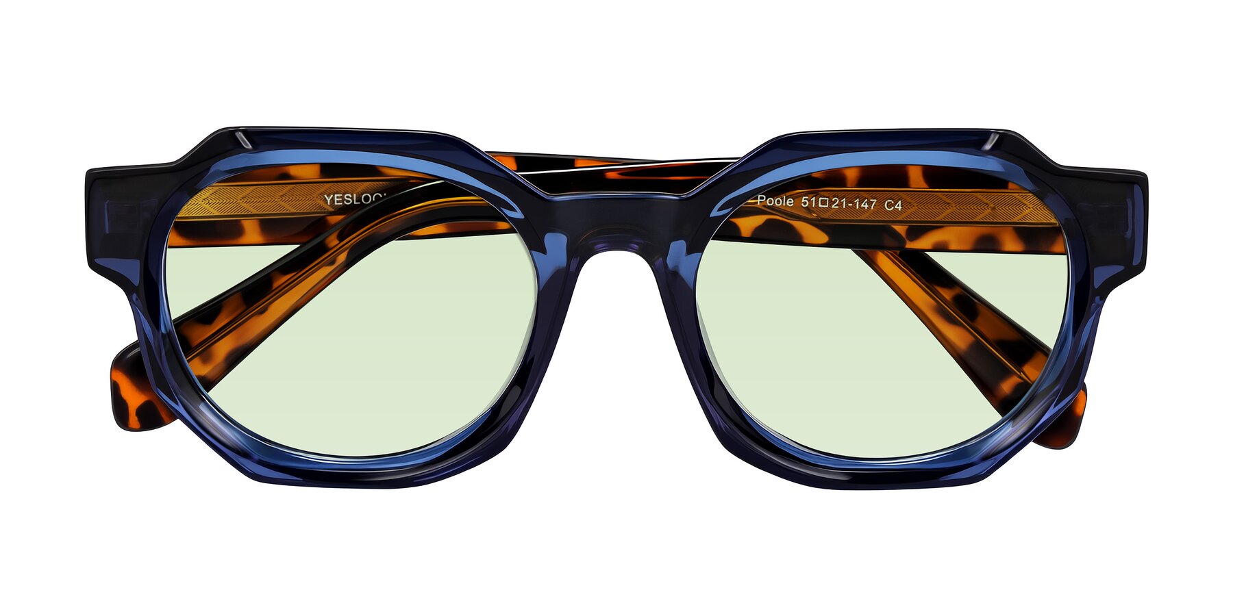Folded Front of Poole in Blue/Leopard-Print with Light Green Tinted Lenses