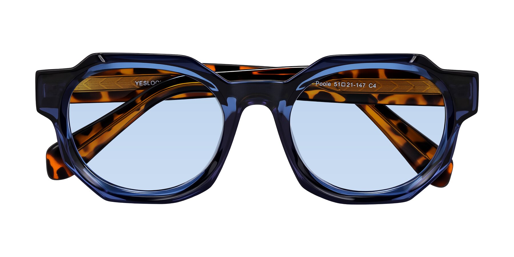 Folded Front of Poole in Blue/Leopard-Print with Light Blue Tinted Lenses