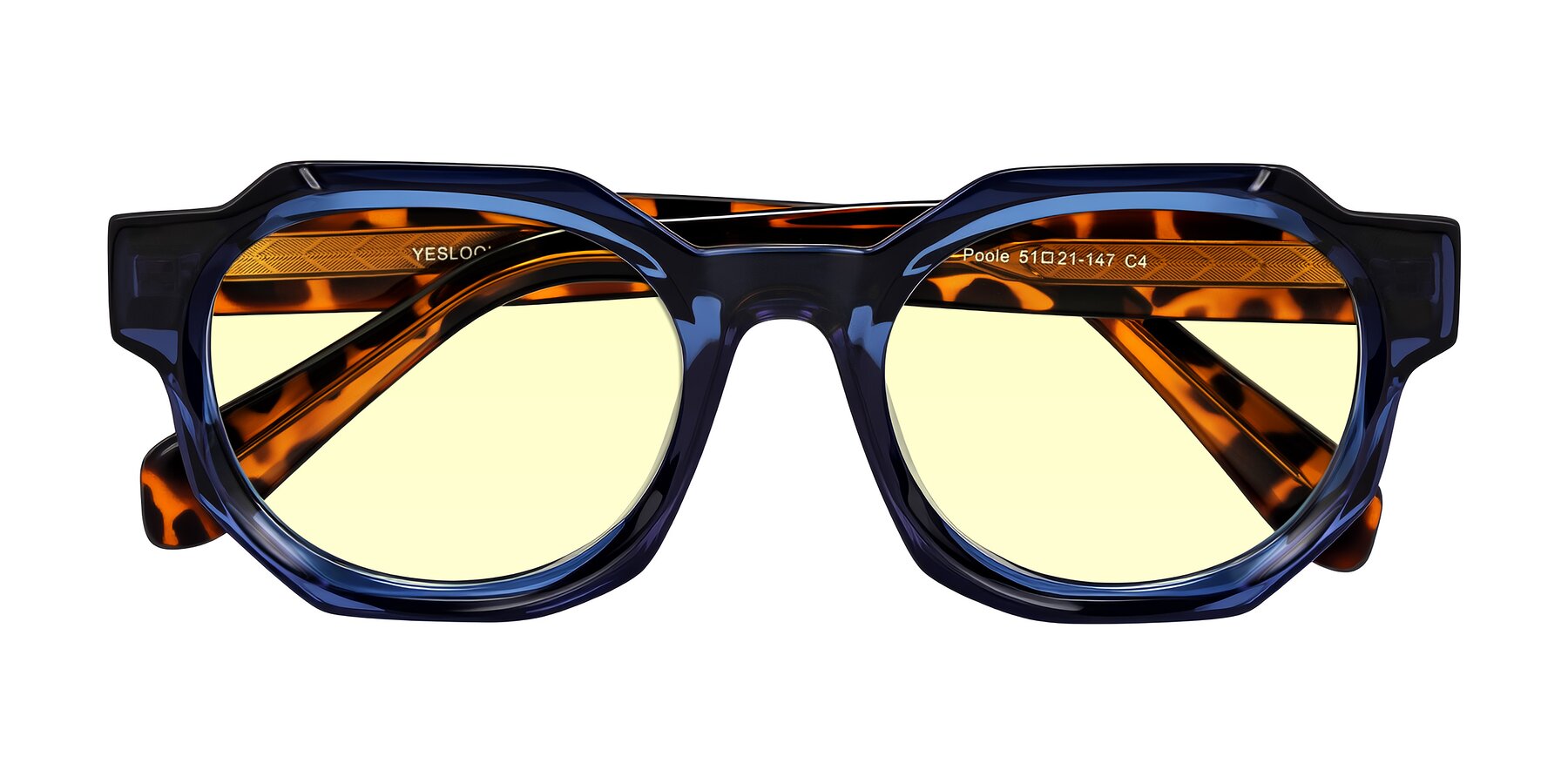 Folded Front of Poole in Blue/Leopard-Print with Light Yellow Tinted Lenses