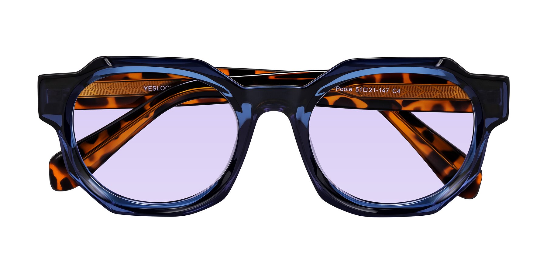 Folded Front of Poole in Blue/Leopard-Print with Light Purple Tinted Lenses