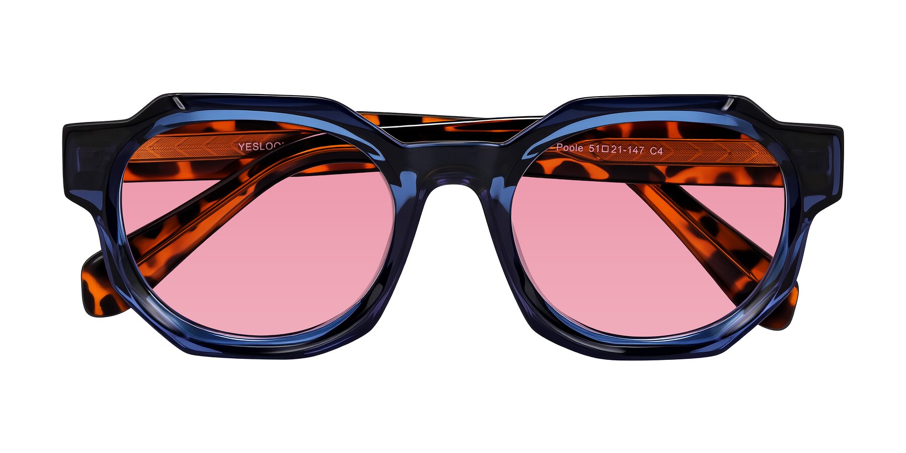 Folded Front of Poole in Blue/Leopard-Print with Pink Tinted Lenses