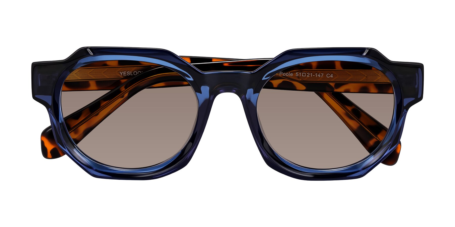 Folded Front of Poole in Blue/Leopard-Print with Medium Brown Tinted Lenses