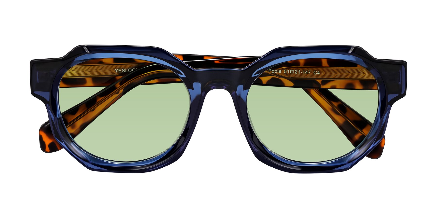 Folded Front of Poole in Blue/Leopard-Print with Medium Green Tinted Lenses