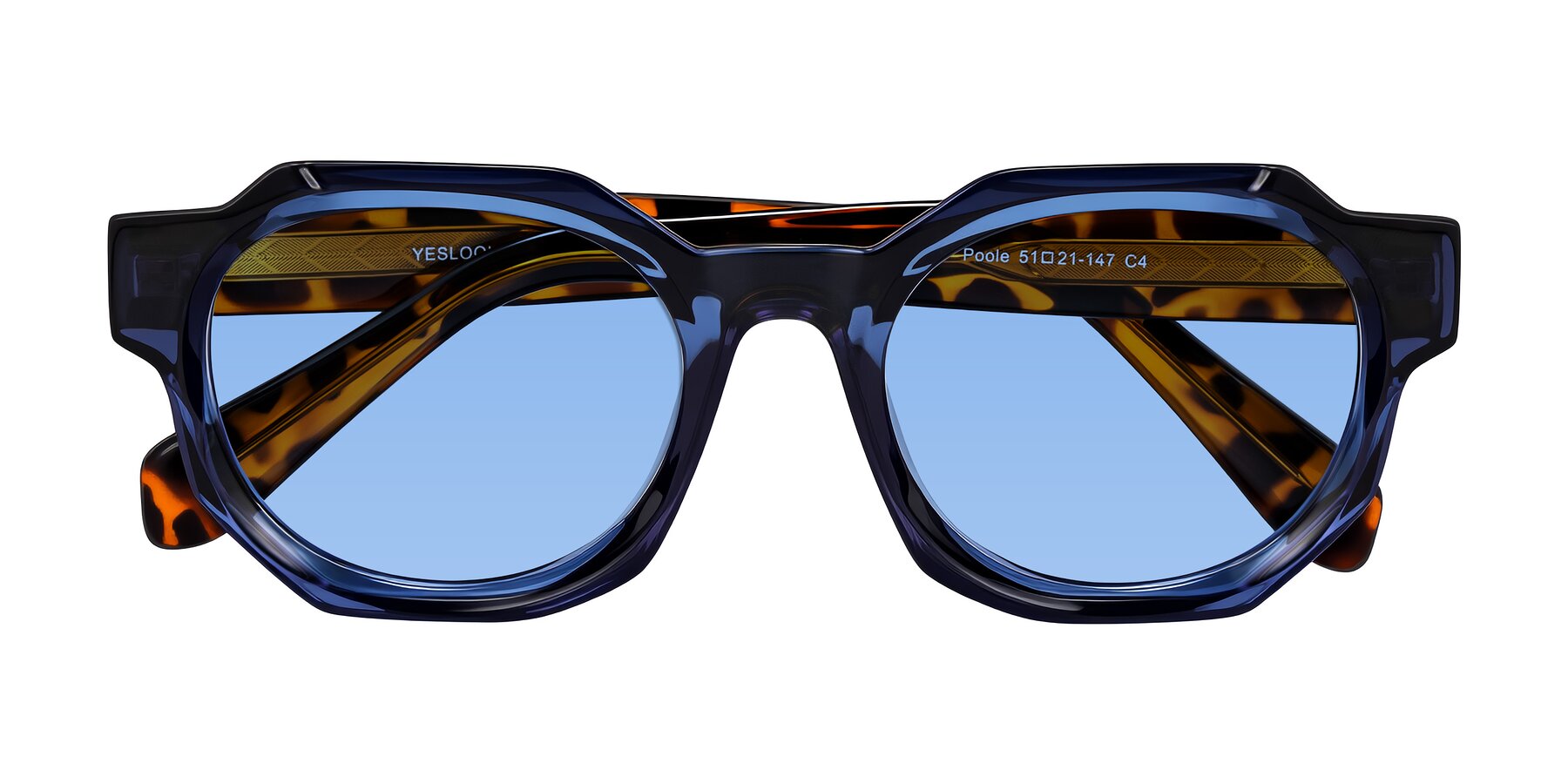Folded Front of Poole in Blue/Leopard-Print with Medium Blue Tinted Lenses