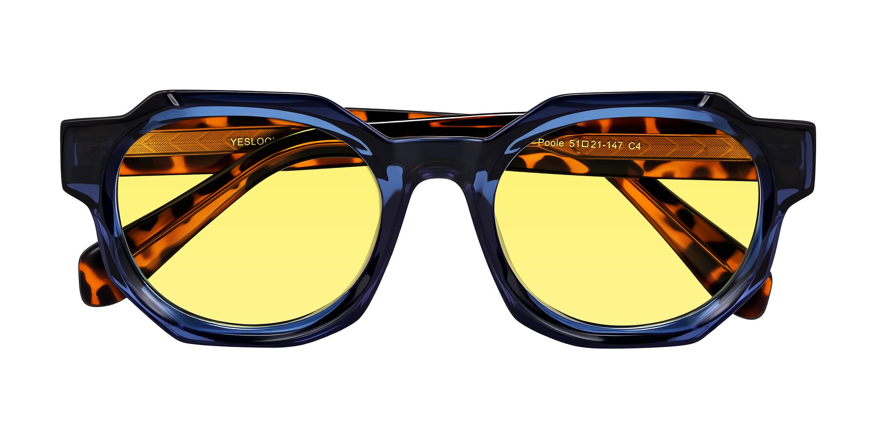 Folded Front of Poole in Blue/Leopard-Print with Medium Yellow Tinted Lenses